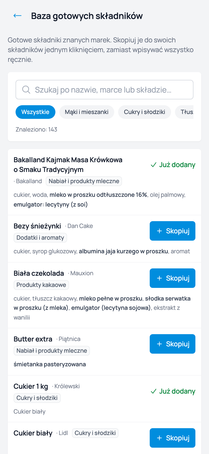 Wyszukiwarka i filtry grup w bazie gotowych składników Cukrio