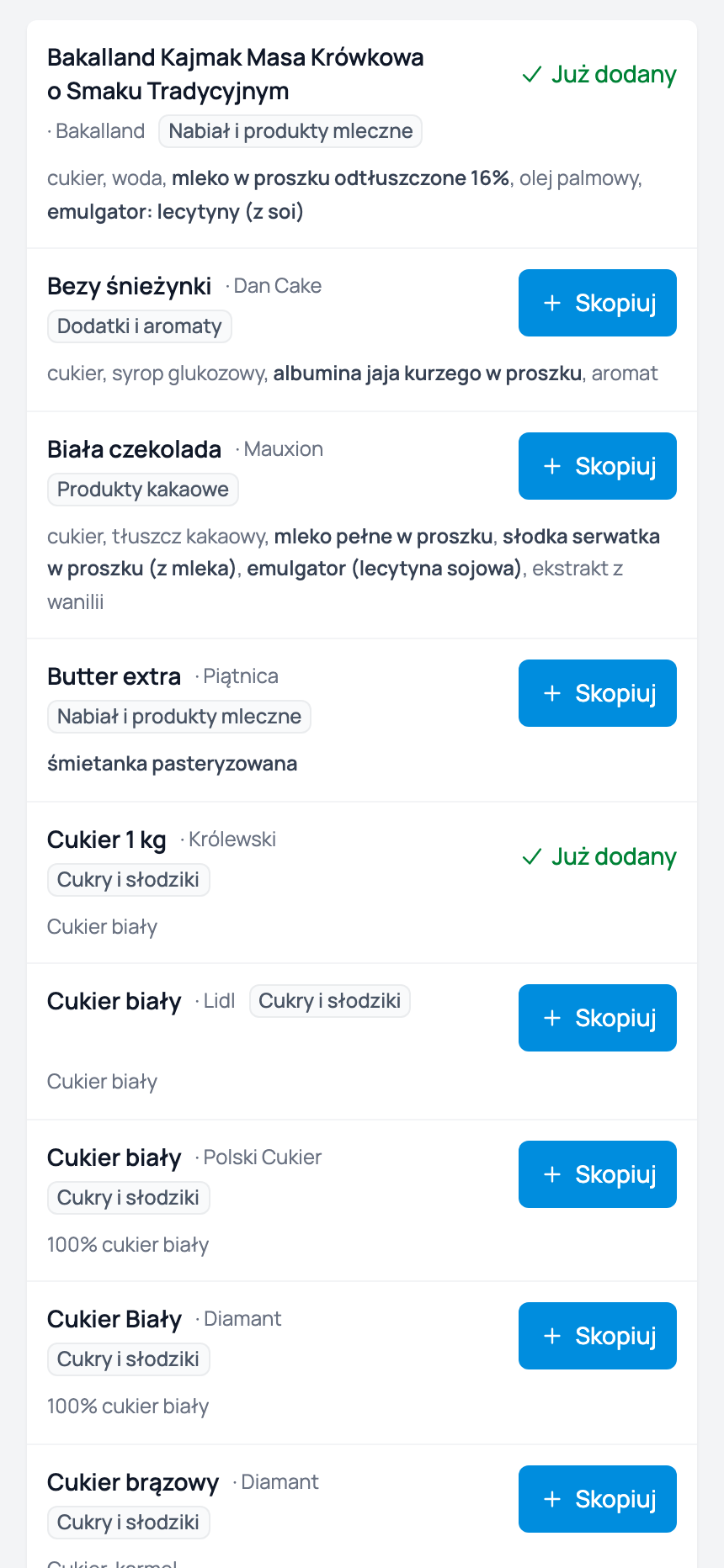 Kopiowanie składnika z bazy do własnej listy w Cukrio — stan Już dodany