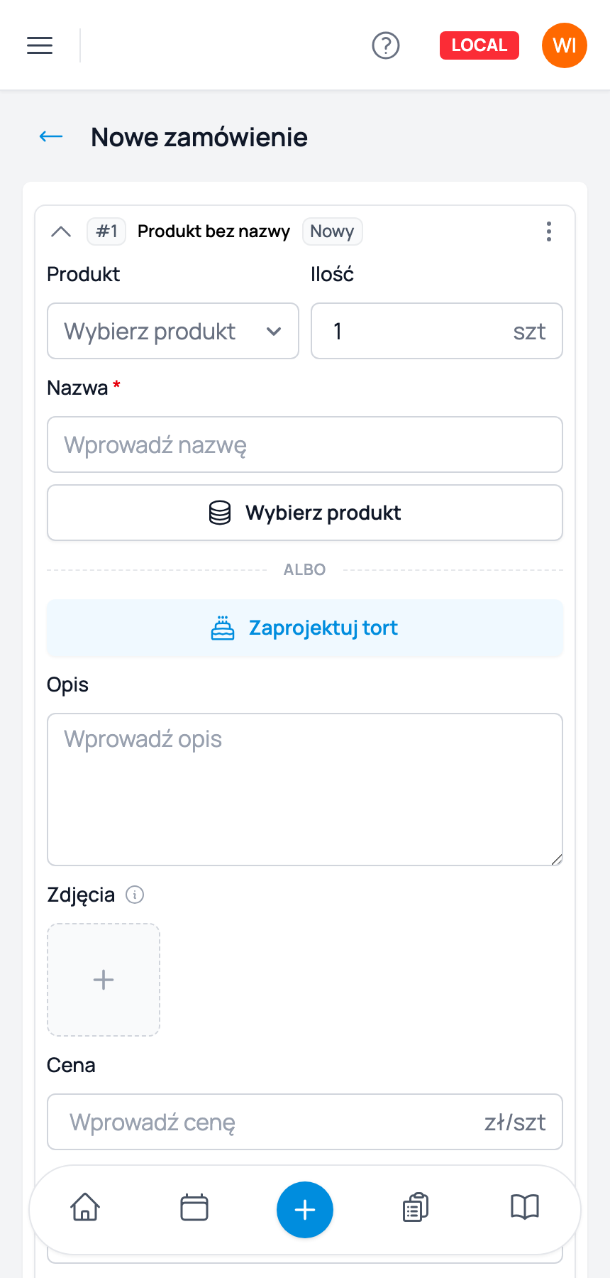 Formularz nowego produktu w zamówieniu z przyciskiem „Zaprojektuj tort