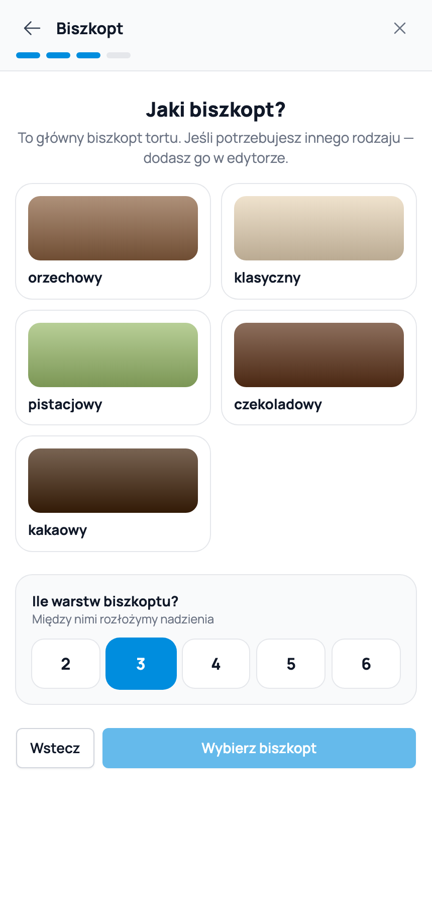 Trzeci krok kreatora — wybór biszkoptu z kolorowych kafelków w Cukrio