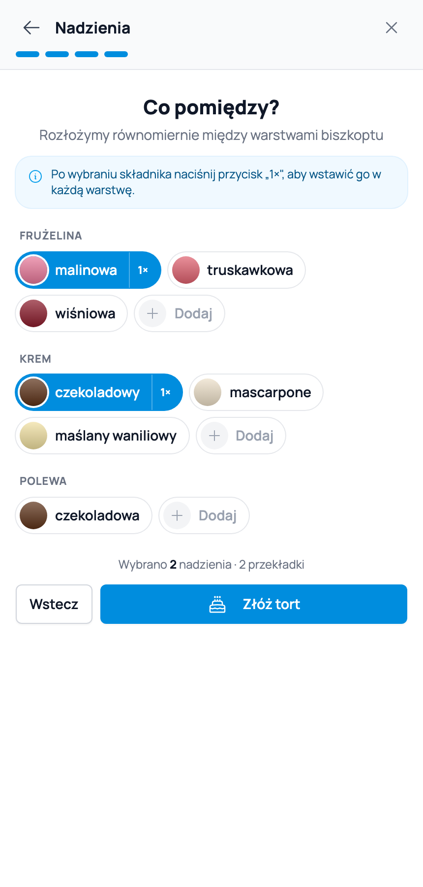 Czwarty krok kreatora — wybór nadzień pogrupowanych według kategorii w Cukrio