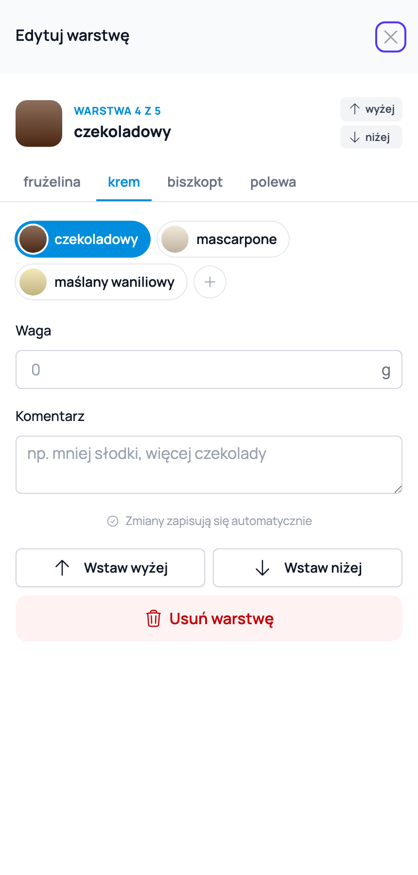 Panel edycji warstwy w kreatorze tortów Cukrio z zakładkami kategorii, polem wagi i komentarza