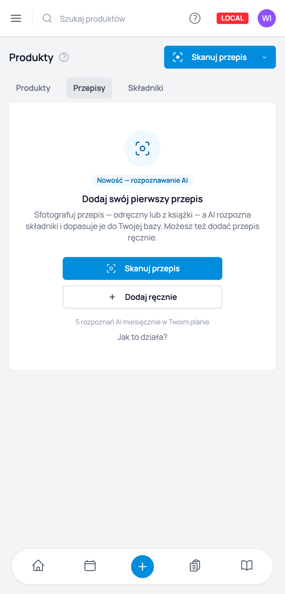 Przycisk „Skanuj przepis” w sekcji Przepisy w Cukrio