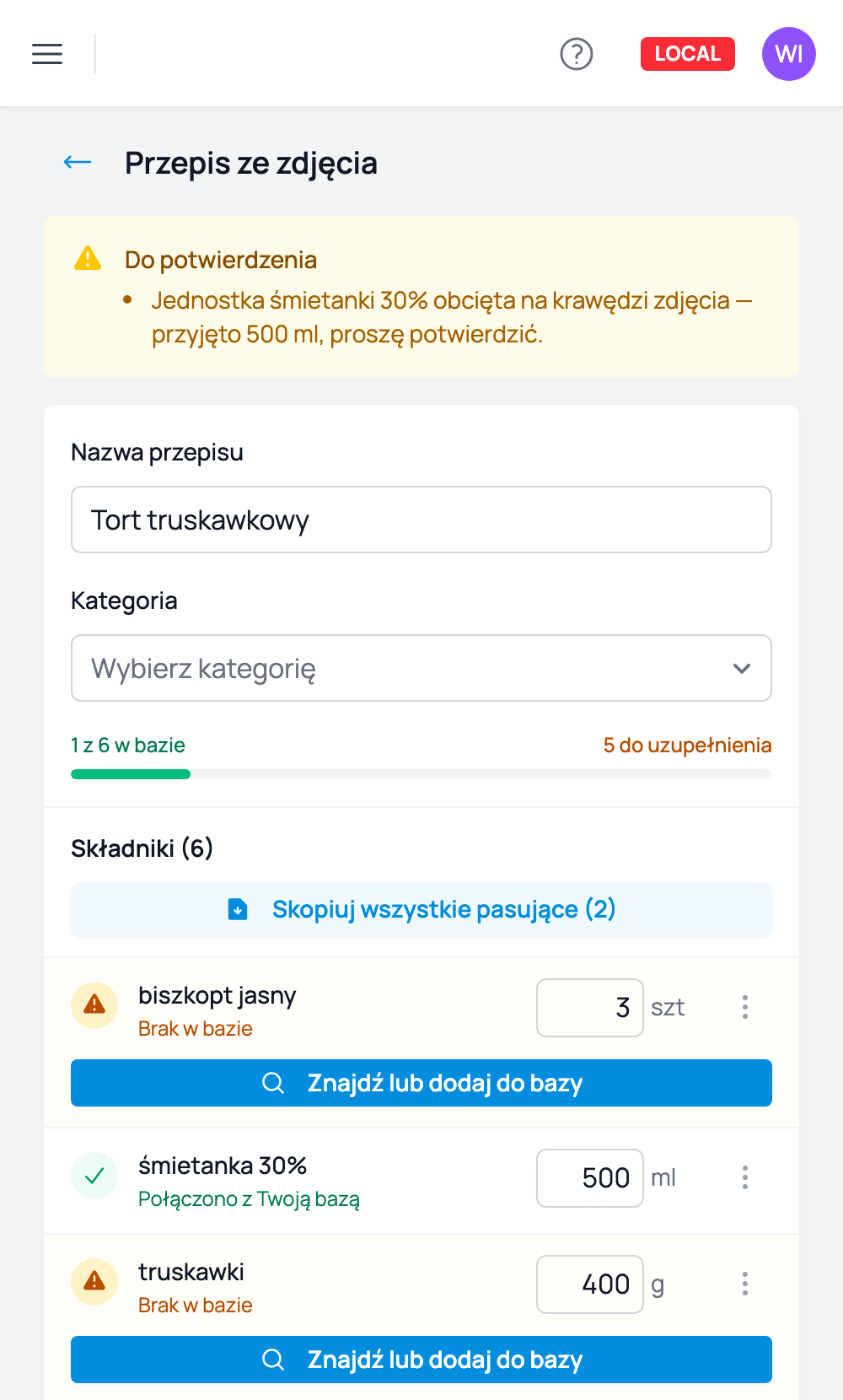 Rozpoznana receptura w Cukrio ze składnikami, ilościami i jednostkami