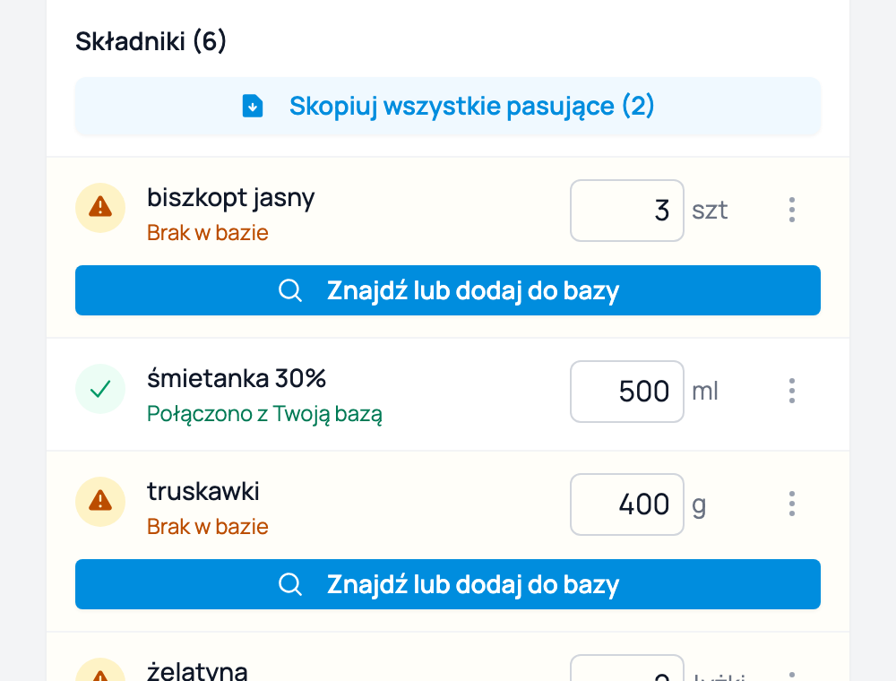 Dopasowanie rozpoznanych składników do bazy w Cukrio — połączone z bazą i brakujące